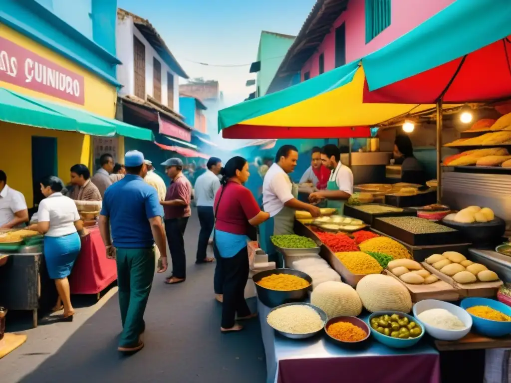 Vibrante mercado latino con recetas comida callejera América Latina