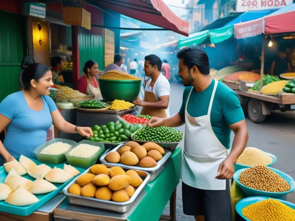 Un vibrante mercado latinoamericano con comida callejera sostenible y diversidad cultural