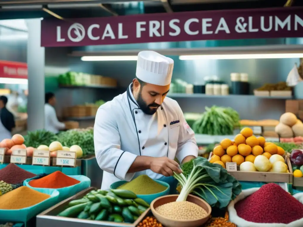 Un vibrante mercado local donde chefs encuentran inspiración gourmet en ingredientes frescos y coloridos