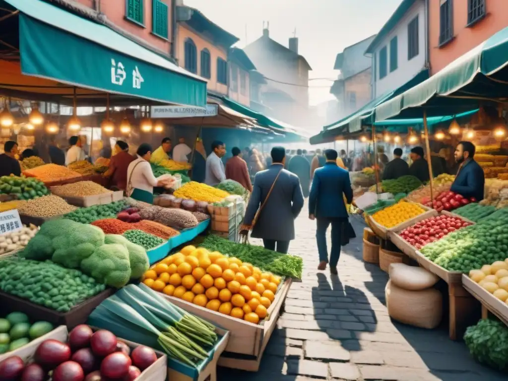 Vibrante mercado local en ciudad escondida, con puestos coloridos y productos frescos