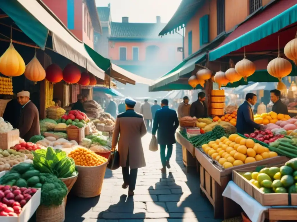 Un vibrante mercado local, escena cultural gastronómica llena de coloridas frutas, verduras y especias, con gente diversa y bulliciosa