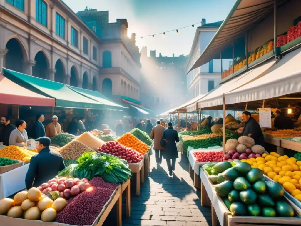 Vibrante mercado local gourmet: productos frescos, especias exóticas y compradores regateando con vendedores bajo el cálido sol