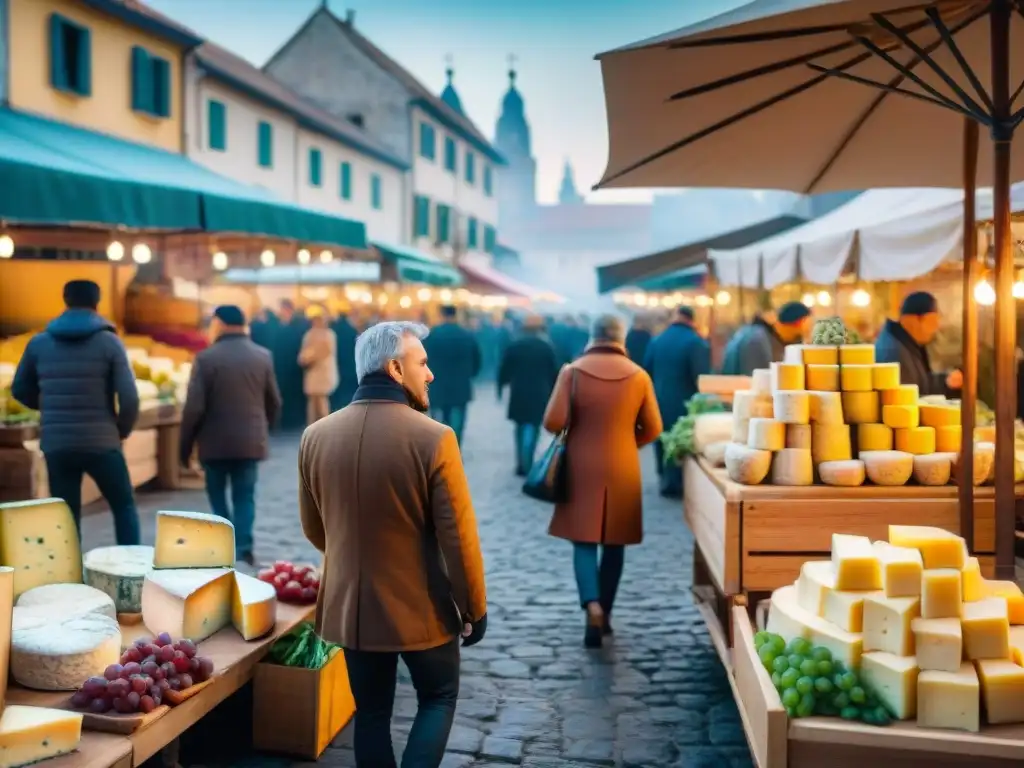 Un vibrante mercado local con puestos de queso, vino y productos locales