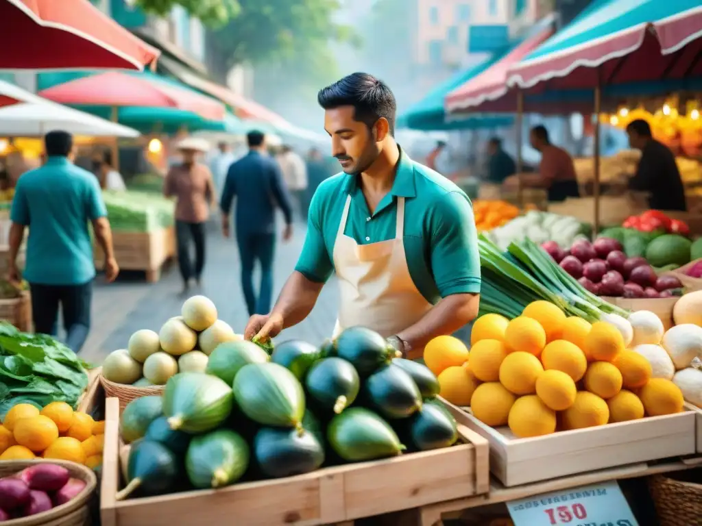 Un vibrante mercado local rebosante de coloridos puestos con productos frescos, quesos artesanales y especias exóticas