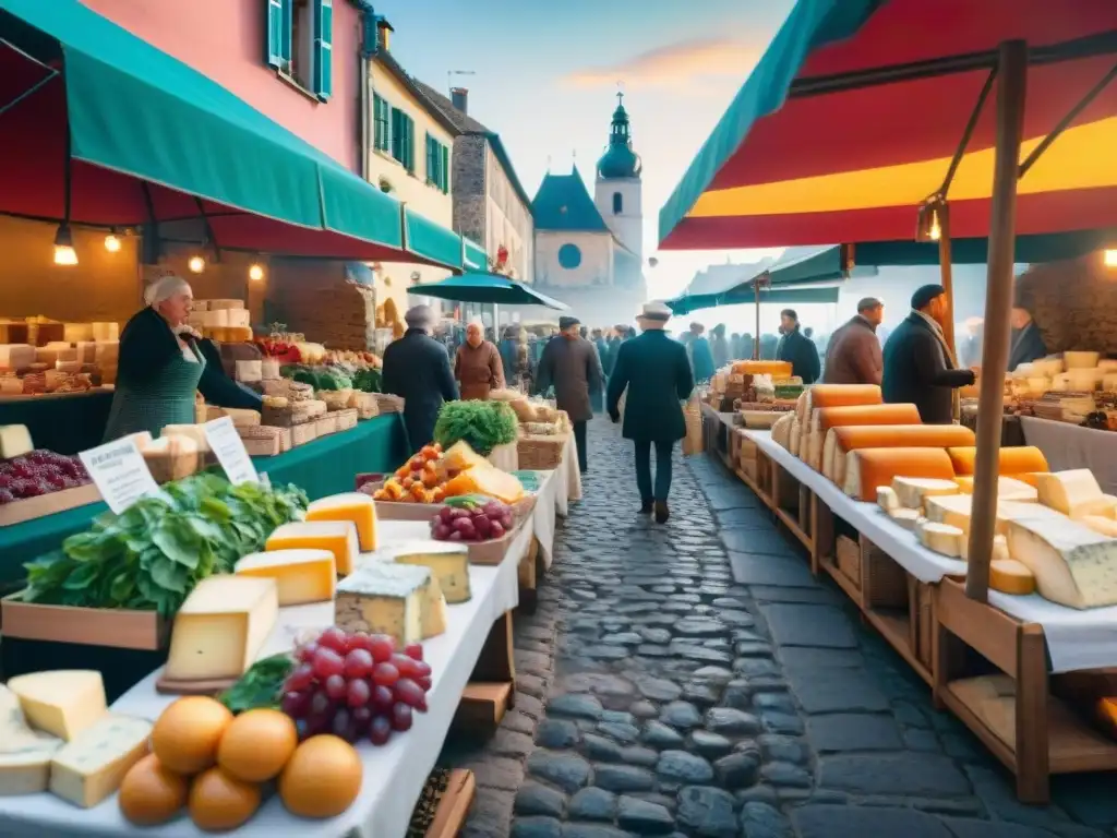 Un vibrante mercado local en un viaje gourmet mercados locales, con puestos de quesos artesanales y vinos