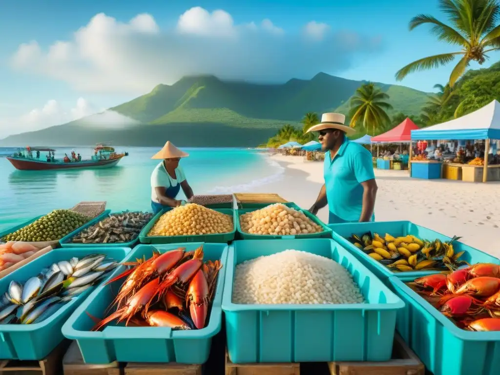 Un vibrante mercado de mariscos caribeño con ingredientes versátiles en Jamaica