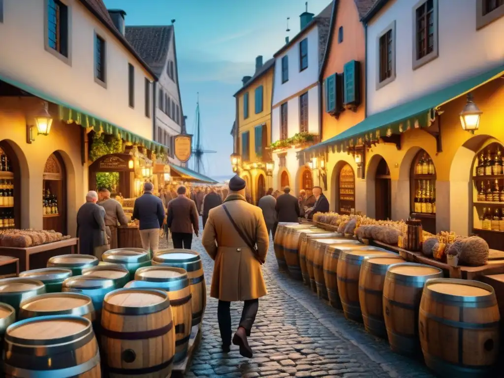 Un vibrante mercado medieval con barriles de cerveza, cristalería y ingredientes, en un viaje de la Cerveza Gourmet