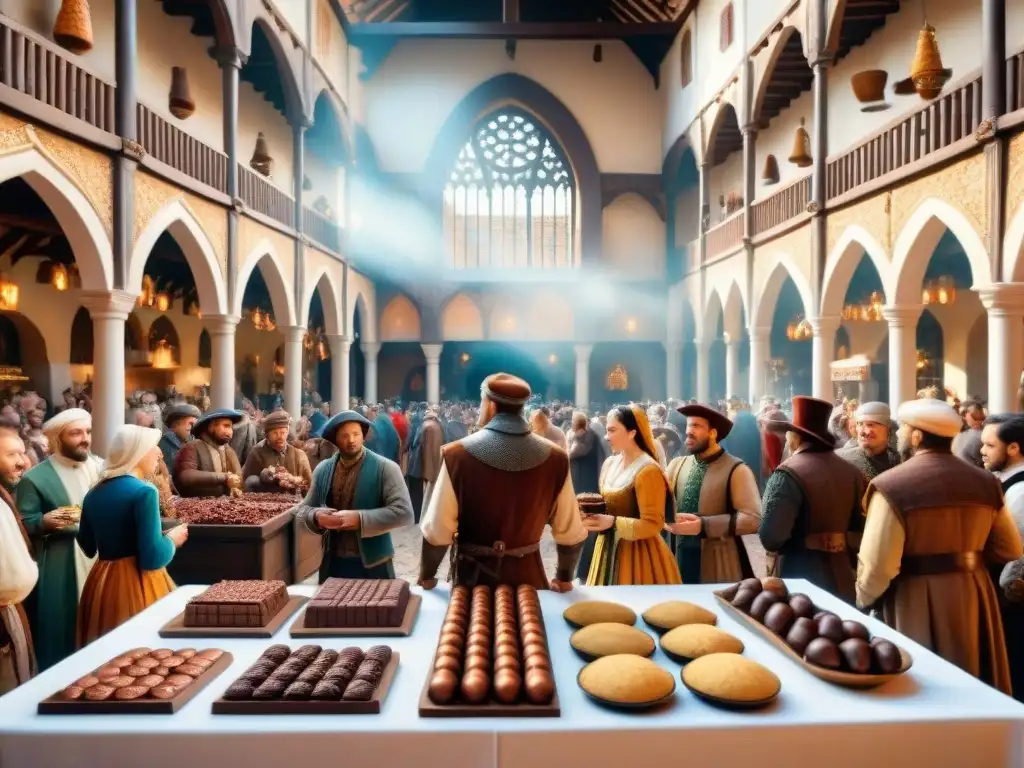 Vibrante mercado medieval con comerciantes de cacao y productos de chocolate, rodeado de arquitectura renacentista y gente animada