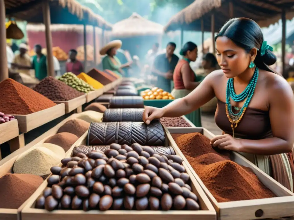 Vibrante mercado mesoamericano con descubrimientos históricos fabricación chocolate