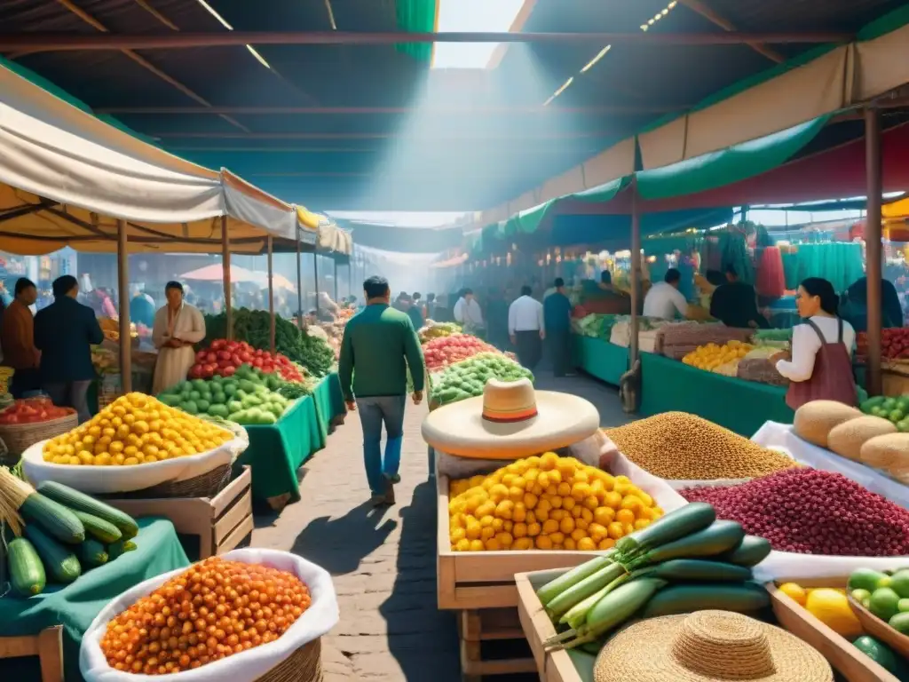 Vibrante mercado mexicano con productos frescos y artesanías locales