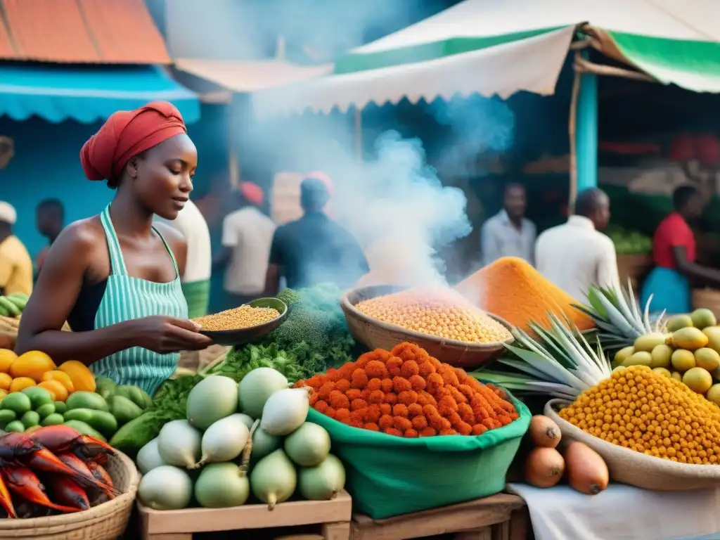 Un vibrante mercado mozambiqueño con vendedores y productos tradicionales, capturando la esencia de la cocina mozambiqueña y sus recetas tradicionales