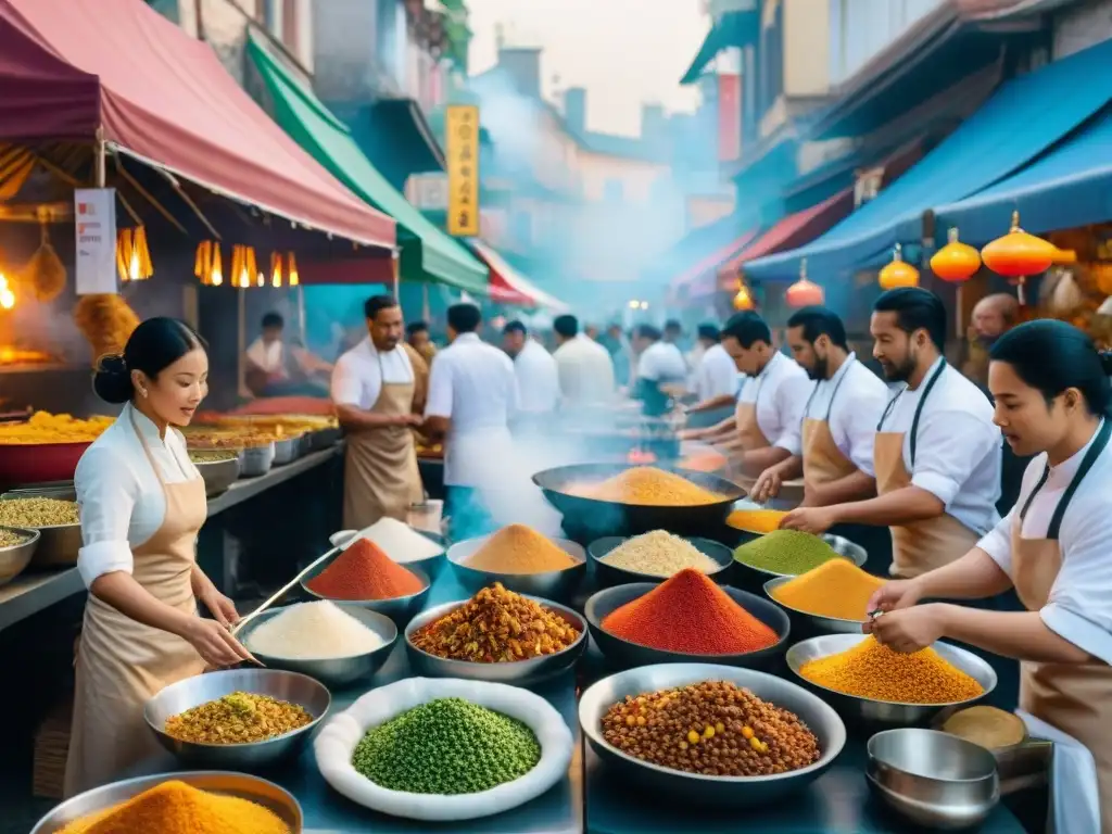 Un vibrante mercado multicultural con fusión étnica en la gastronomía