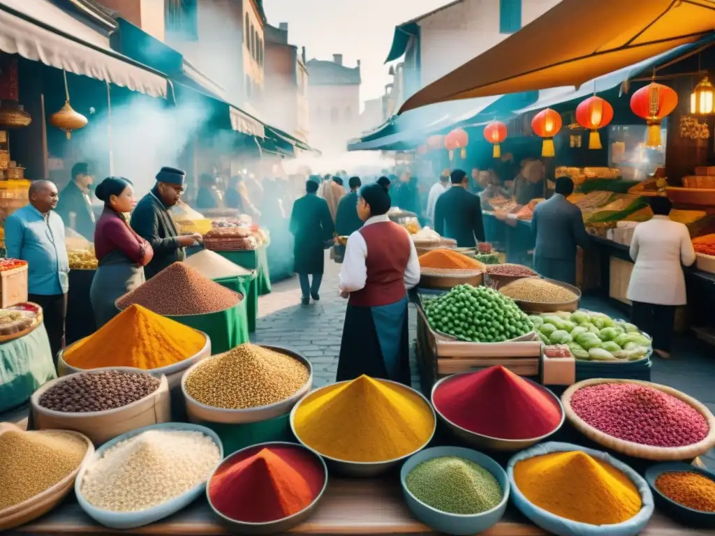 Un vibrante mercado multicultural con vendedores y clientes de diversas etnias, fusionando influencias culinarias en armonía