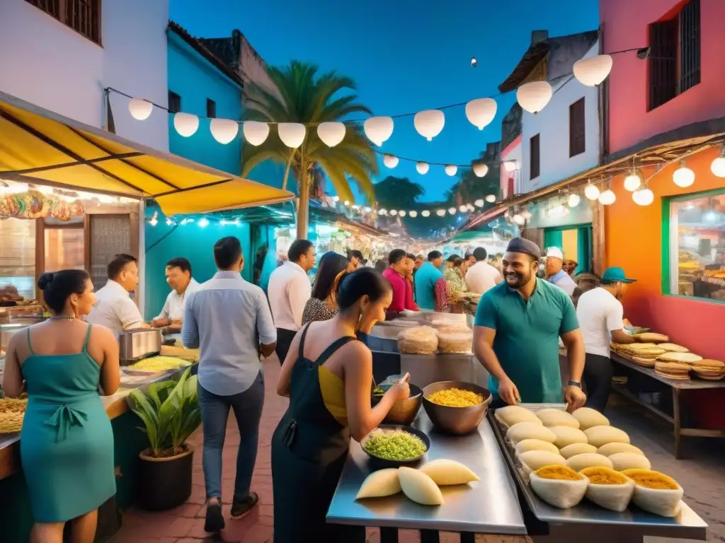 Un vibrante mercado nocturno de comida callejera en América Latina, iluminado por luces colgantes, con vendedores locales y delicias culinarias