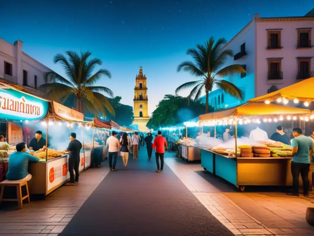 Vibrante mercado nocturno de comida callejera en América Latina, iluminado por luces coloridas y carteles neón