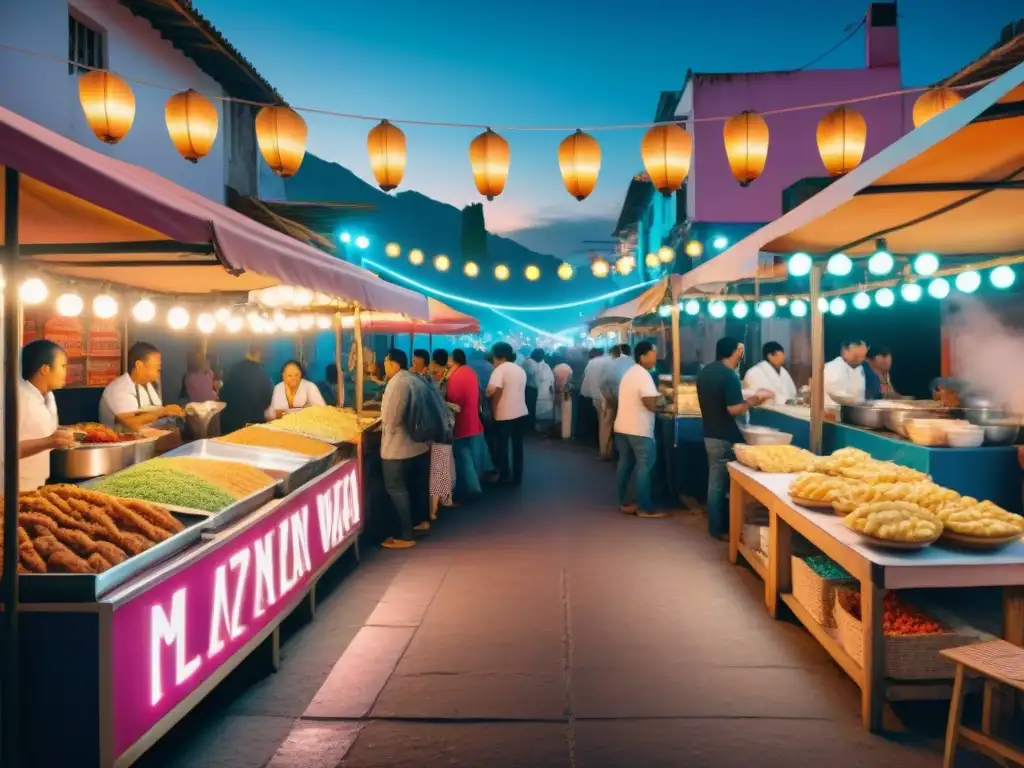 Un vibrante mercado nocturno de comida callejera en América Latina, iluminado por luces coloridas y carteles de neón