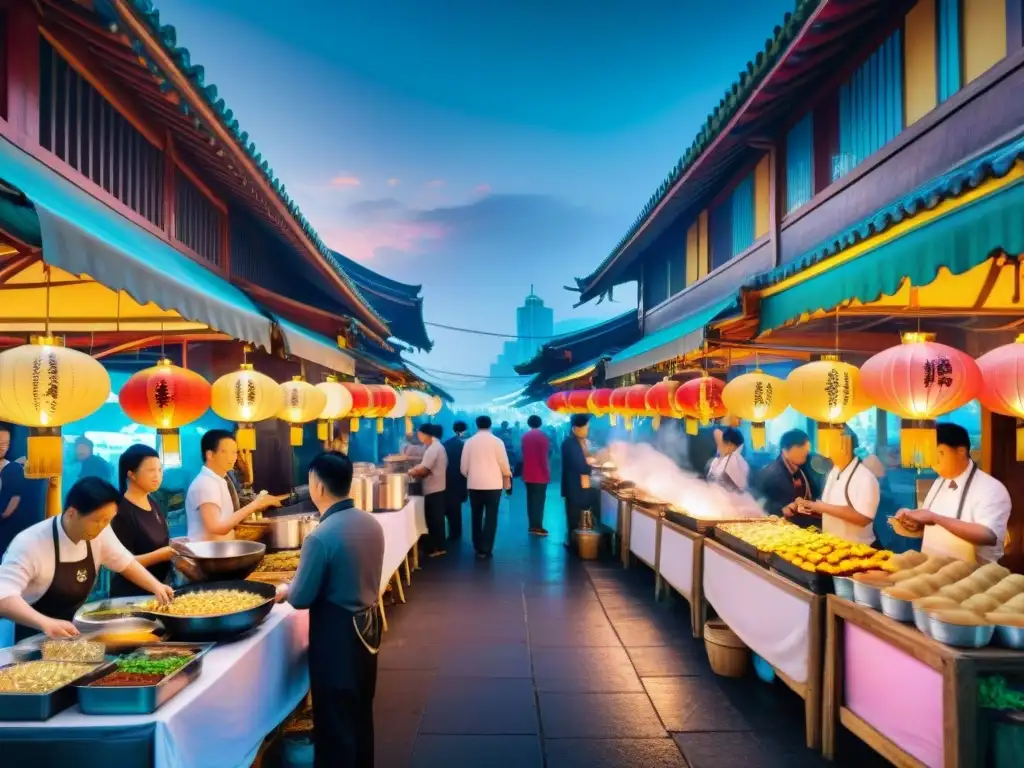 Vibrante mercado nocturno en Taiwán, con puestos de comida colorida iluminados por faroles brillantes