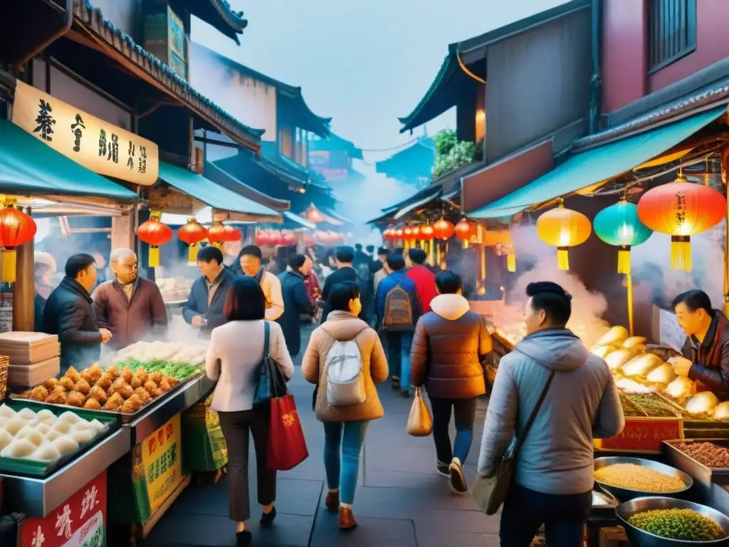 Un vibrante mercado nocturno de Taiwán con puestos de comida coloridos vendiendo delicias asiáticas