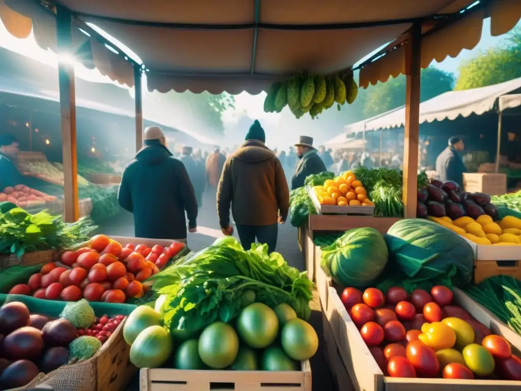 Un vibrante mercado orgánico local, tesoro escondido de colores y productos frescos, con una atmósfera comunitaria y abundante