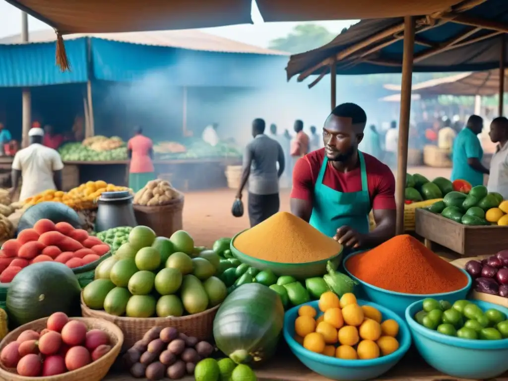 Vibrante mercado ghanés con platos imperdibles cocina Ghana, colores y texturas que invitan a explorar