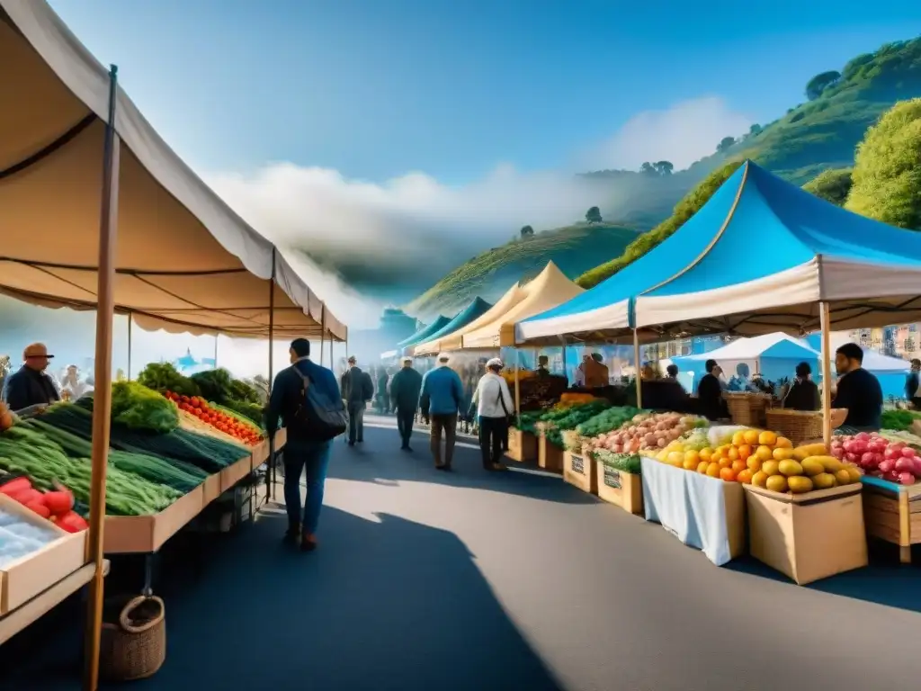 Vibrante mercado agrícola con productos frescos bajo coloridas carpas, rodeado de colinas y cielo azul