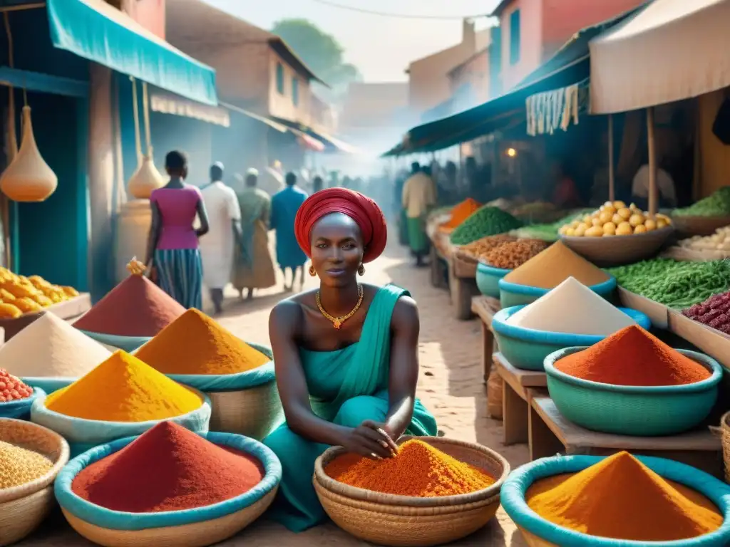 Un vibrante mercado senegalés rebosante de coloridos ingredientes y sabores exquisitos de la cocina senegalesa