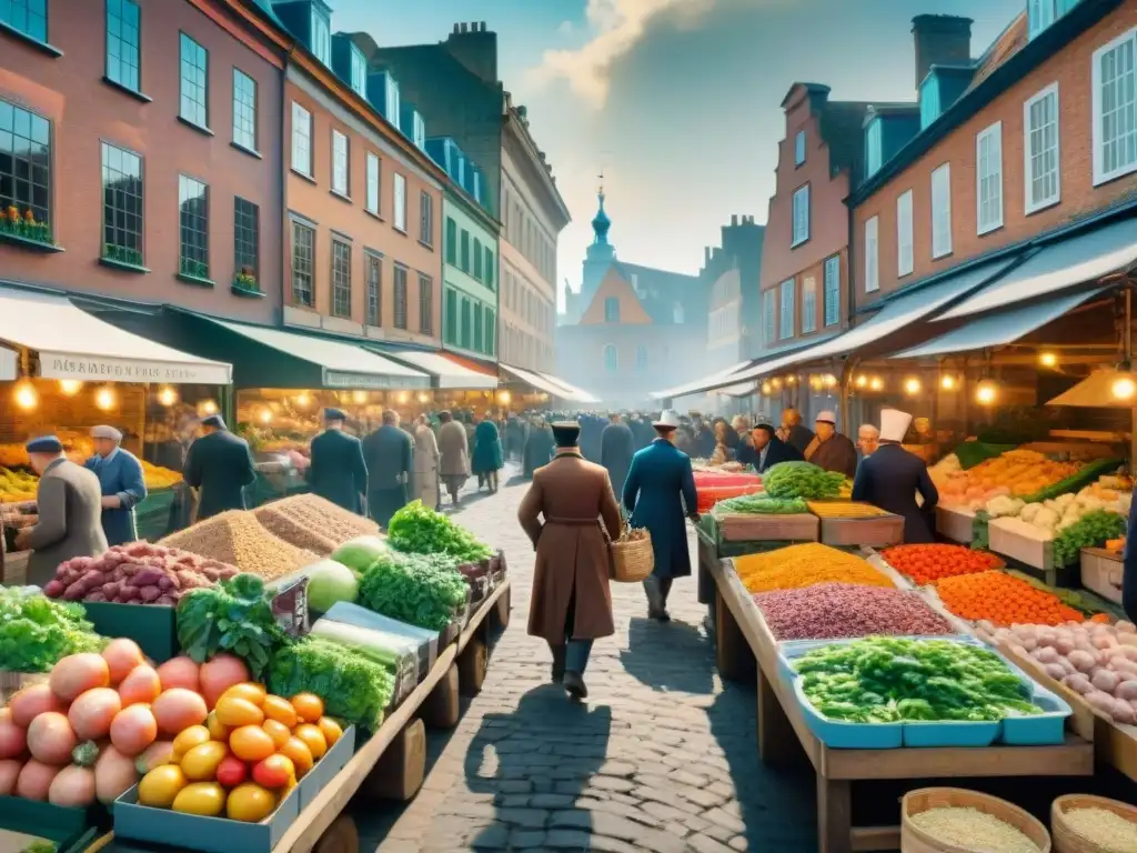 Un vibrante mercado del siglo XVIII con vendedores de productos frescos y especias, reflejando la Revolución Industrial Alimentación Gourmet