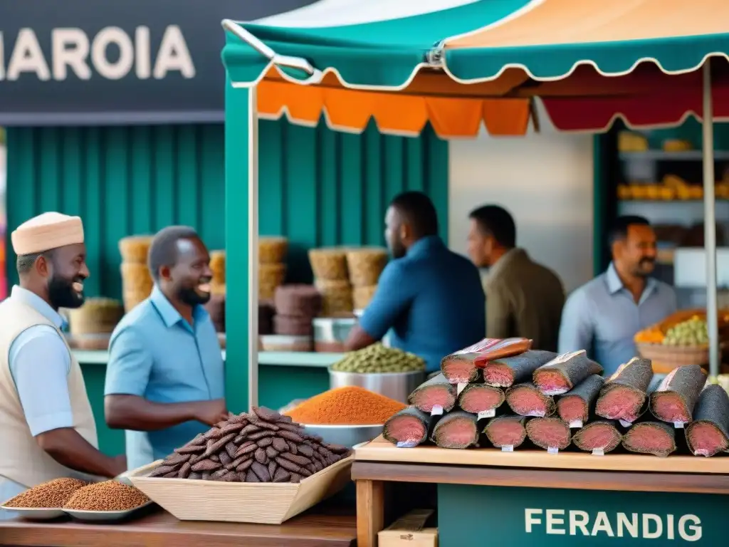 Un vibrante mercado sudafricano con variedades de biltong en mesas de madera bajo toldos coloridos