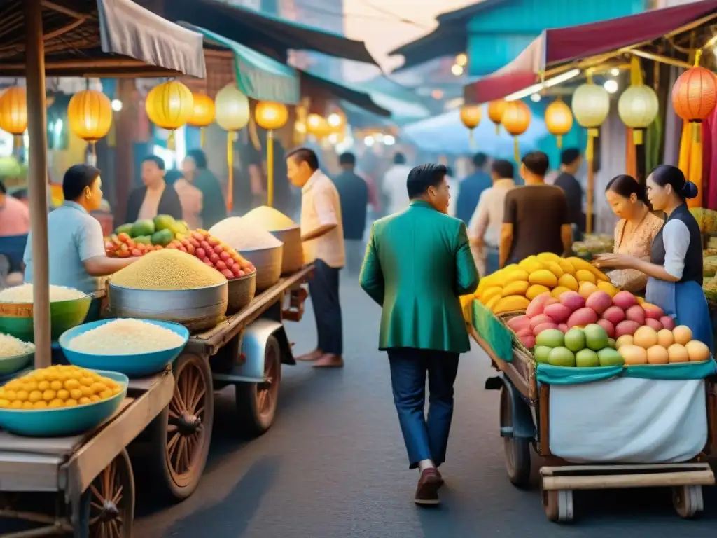 Vibrante mercado tailandés al anochecer con puestos de Mango Sticky Rice en mágica atmósfera