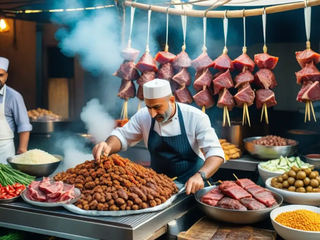 Vibrante mercado turco con auténticos kebabs en la calle, historia auténtica kebab turco