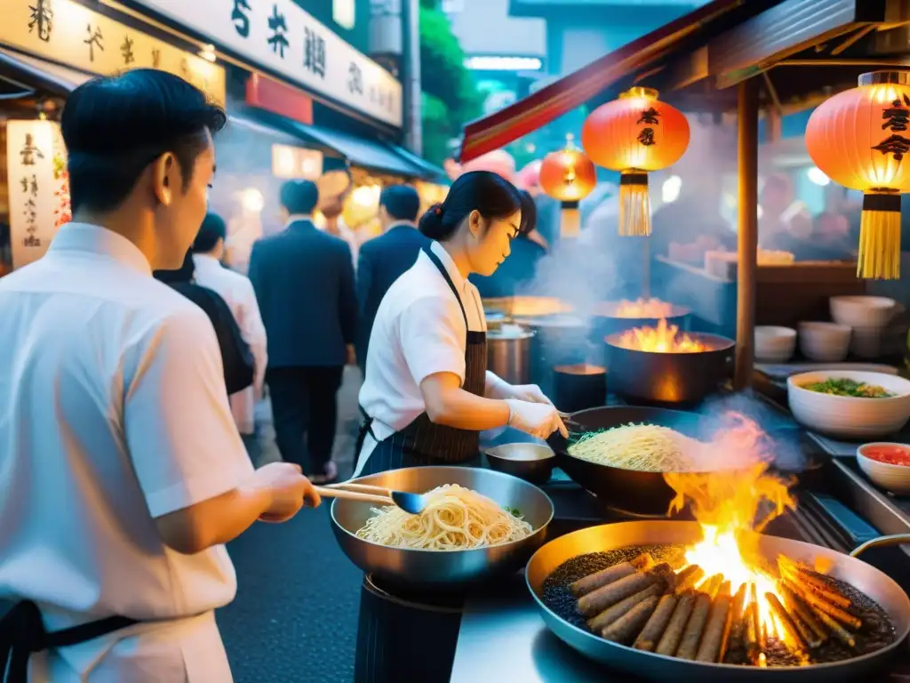 Vibrante noche en el mercado de Tokio: chefs preparando delicias nocturnas