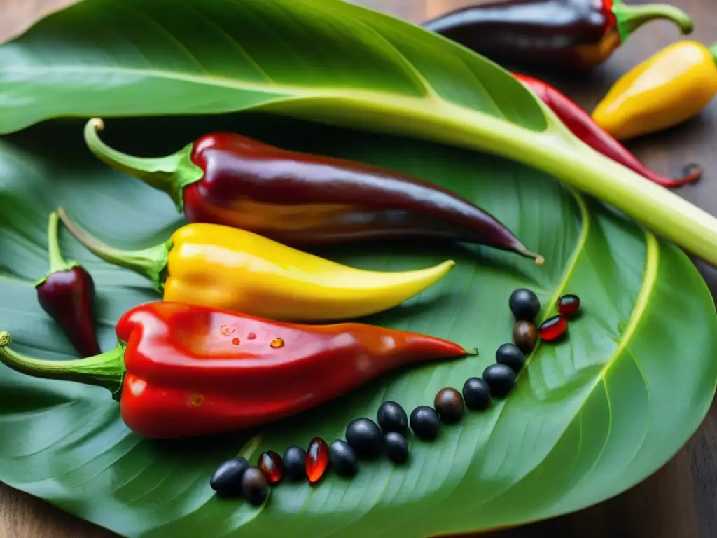 Una vibrante paleta de sabores mexicanos: chiles Guajillo y Pasilla recién cosechados en un molcajete, con hojas verdes de plátano de fondo