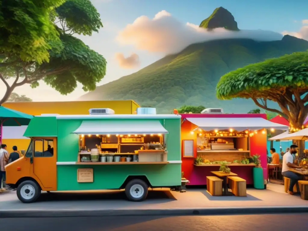 Un vibrante parque de food trucks gourmet en una bulliciosa ciudad de América Latina, con coloridos camiones y diversa oferta culinaria