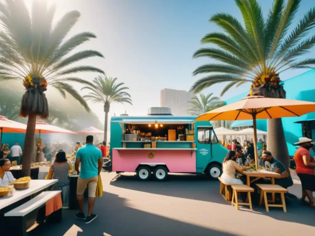 Un vibrante parque de food trucks gourmet en América Latina, con diversidad de sabores y clientes bajo palmeras