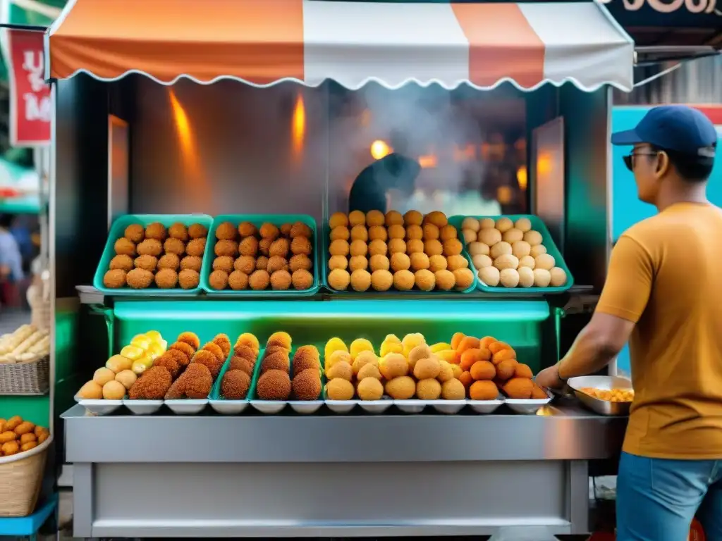 Un vibrante puesto de comida callejera en Filipinas con el Mejor Kwek Kwek filipino sabor, clientes ansiosos y coloridas banderas de fondo