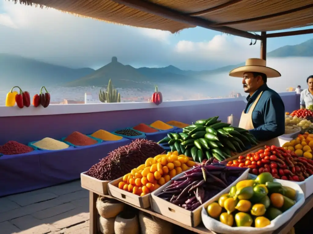 Mercado Mexicano: Chiles vibrantes y tradición Un vibrante puesto de mercado en México rebosante de chiles autóctonos, bañados por la cálida luz del sol