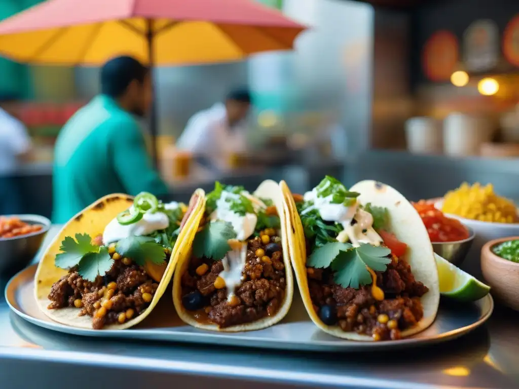 Un vibrante puesto de tacos fusión gourmet en México, con delicias creativas y colores que despiertan el apetito