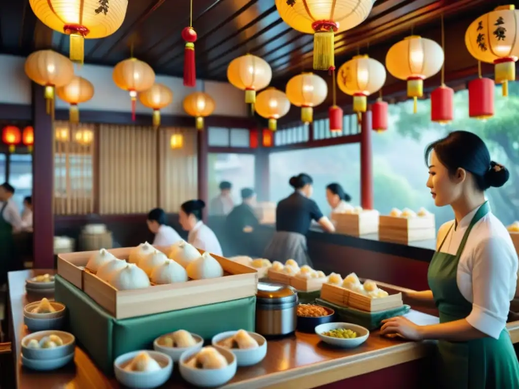 Vibrante restaurante de dim sum en China, con vaporeras de bambú llenas de dumplings, meseros ataviados y faroles brillantes