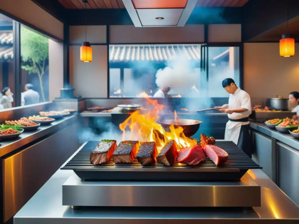 Un vibrante restaurante japonés con platos de carne en Asia, donde un chef habilidoso cocina en una parrilla teppanyaki