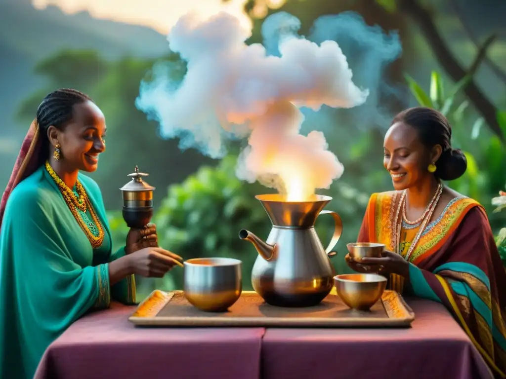 Un vibrante ritual etíope de café al aire libre, entre exuberante naturaleza