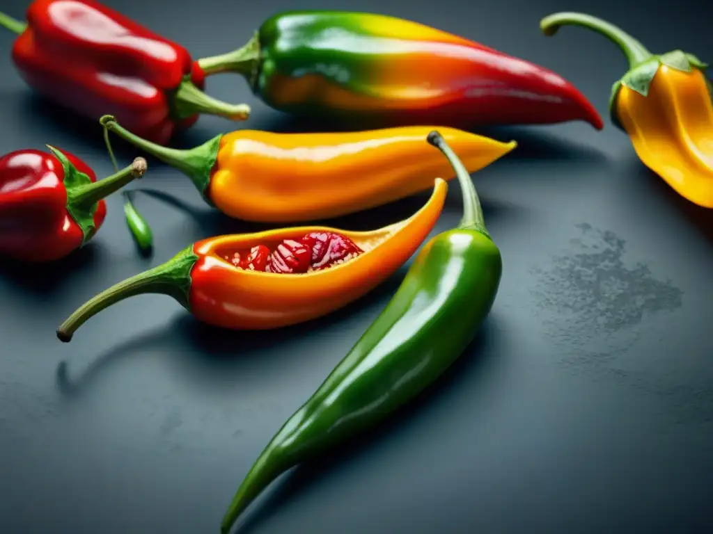 Chiles mexicanos: una explosión de color y sabor Una vibrante selección de chiles autóctonos de México, guía picante de sabores exóticos en fondo oscuro texturizado