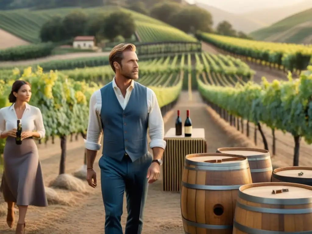 Un vibrante set de película sobre vinos aficionados: director, actores y cámaras entre viñedos al atardecer