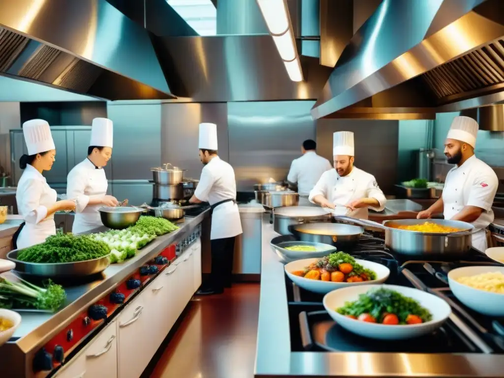 Un vibrante sistema de compostaje en restaurante: chefs preparando platillos en una cocina organizada y llena de energía