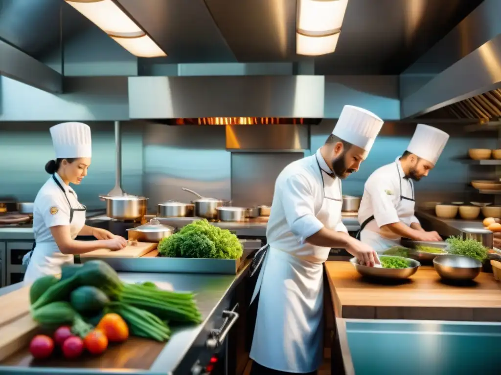 Un vibrante y sostenible equipo de chefs prepara platos con ingredientes orgánicos en cocina de restaurante