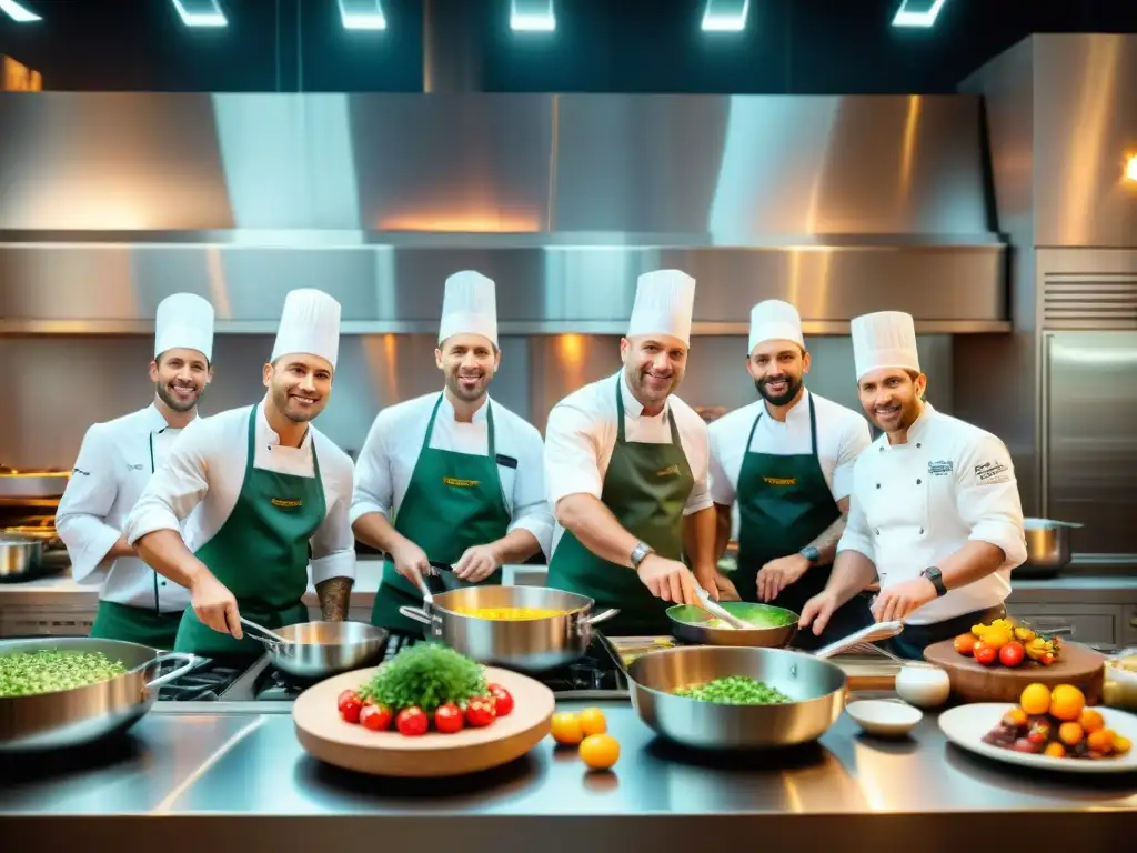 Vibrante taller de cocina en hotel de lujo con chefs renombrados enseñando a vacacionistas entusiastas