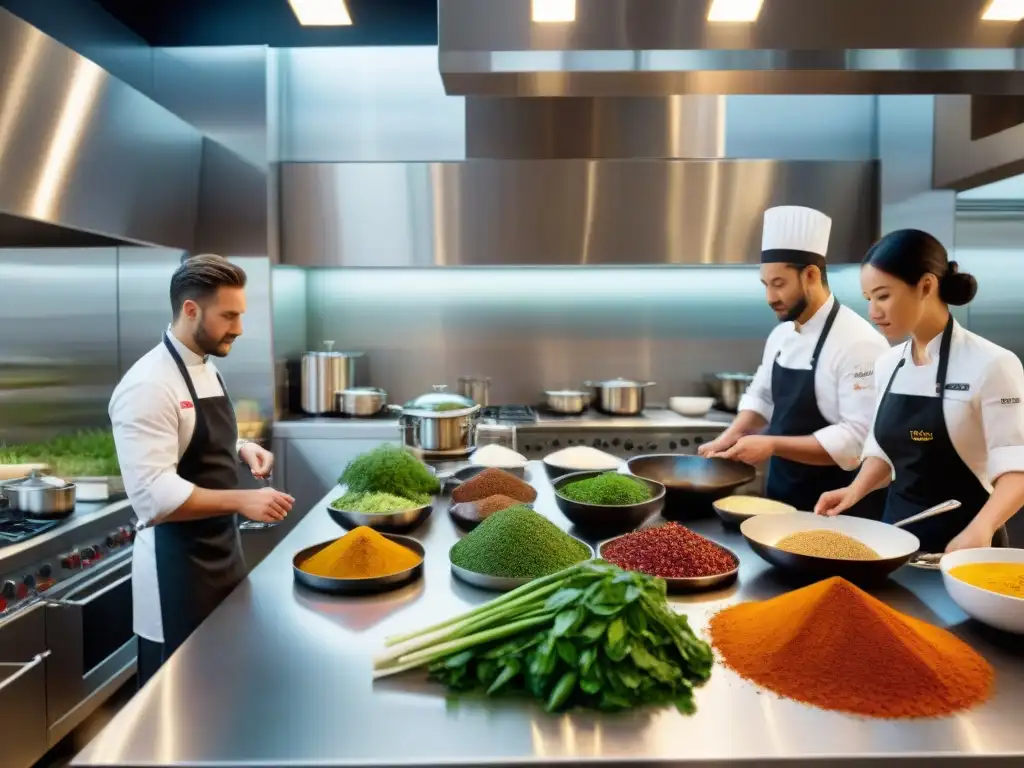 Un vibrante taller de cocina fusión internacional con un chef experto y alumnos atentos