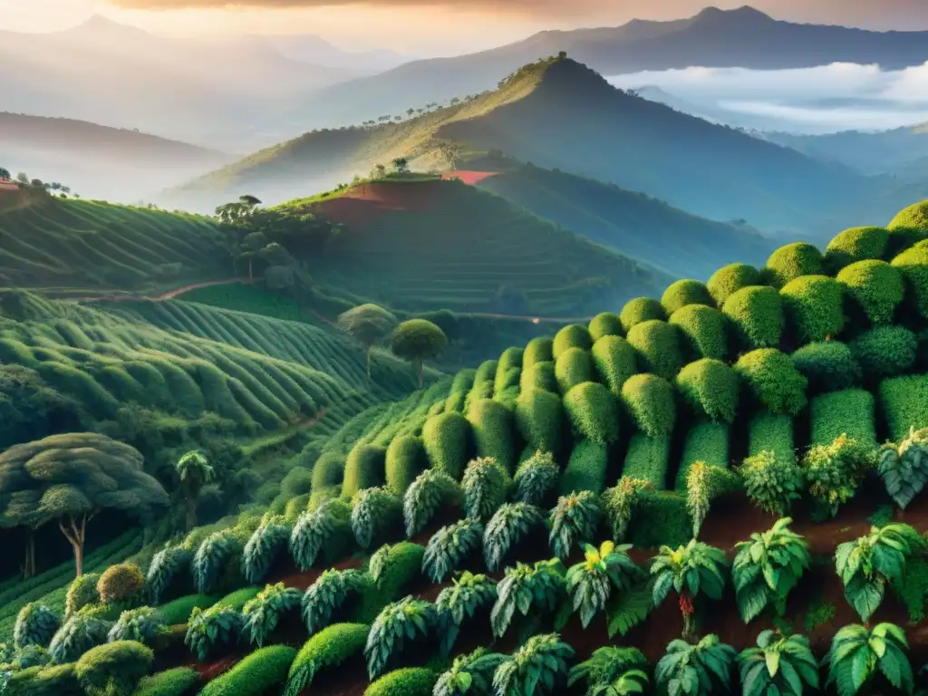 Vibrante plantación de café en las tierras altas de Etiopía al amanecer, con recolectores de café en la Travesía del Café Etiopía Mundo