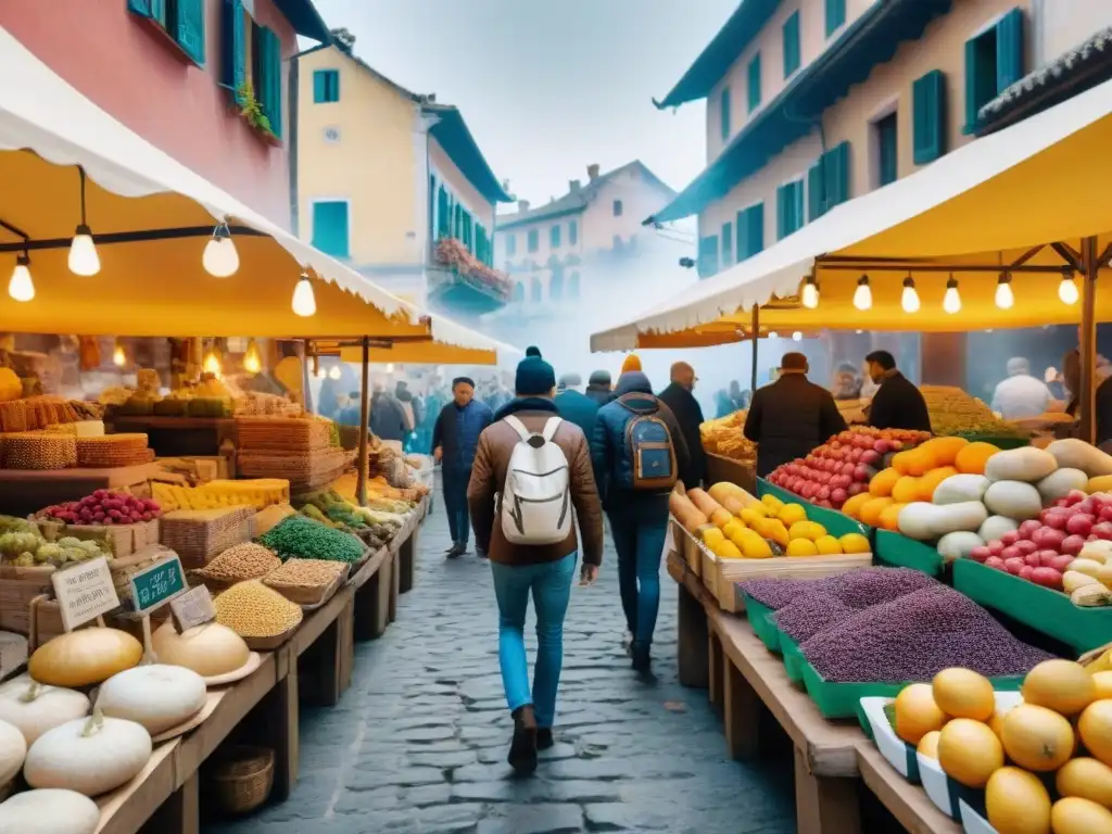 Vibrante tour gastronómico gourmet en mercado al aire libre con frutas exóticas y quesos artesanales