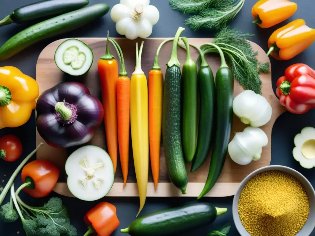 Selección vibrante de verduras en una tabla de madera para encurtidos gourmet rápido