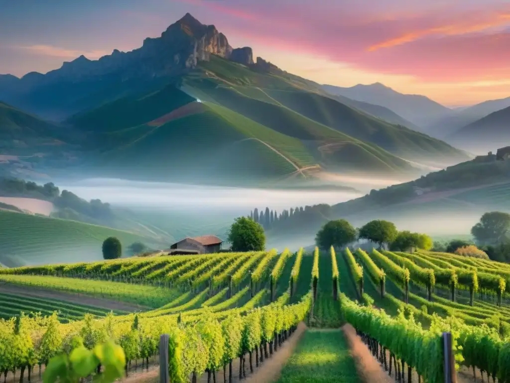 Vibrante viñedo al atardecer, con viñas verdes, flores y mariposas, bajo un cielo naranja y rosa